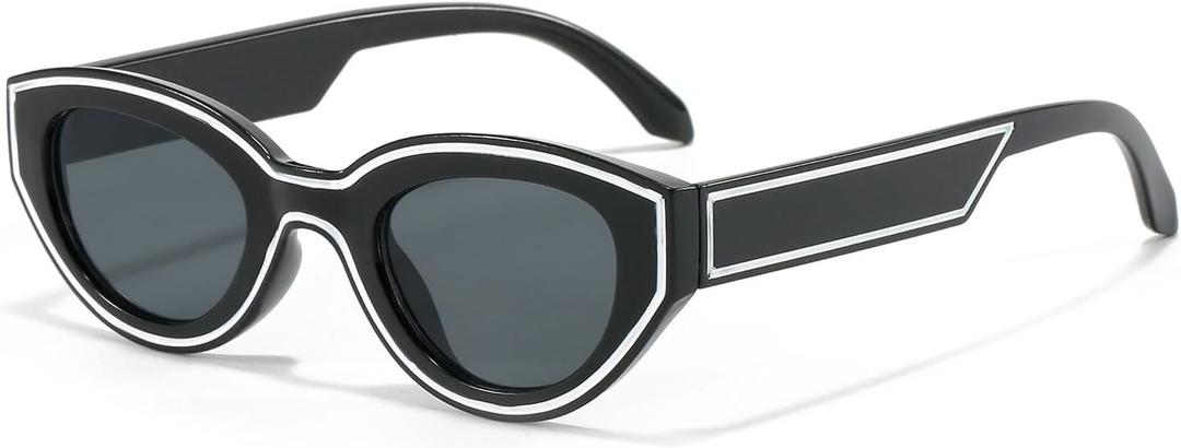 LJCZKA Retro Oval Sunglasses for Women Vintage 90s Cat Eye Sun Glasses Trendy Small Oval Cateye Line Shades (Blackgrey)