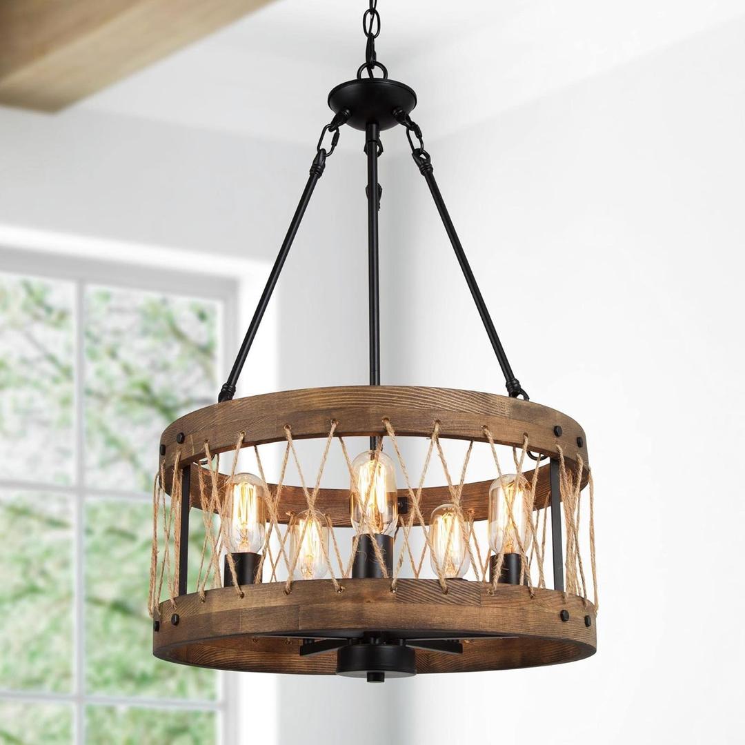 Farmhouse Chandeliers for Dining Room, 5-Light Rustic Drum Dining Room Chandelier Over Table, Wood Chandeliers Hanging Light Fixture for Bedrooms, Living Room, Entryway