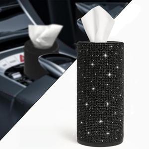 Bling Car Tissue Holder for Cup Holder – Sparkly Rhinestone Round Tissue Dispenser with 1 Pack Tissues – Fits Standard Auto Cup Holders – Stylish Car Interior Accessory for Women(Black)
