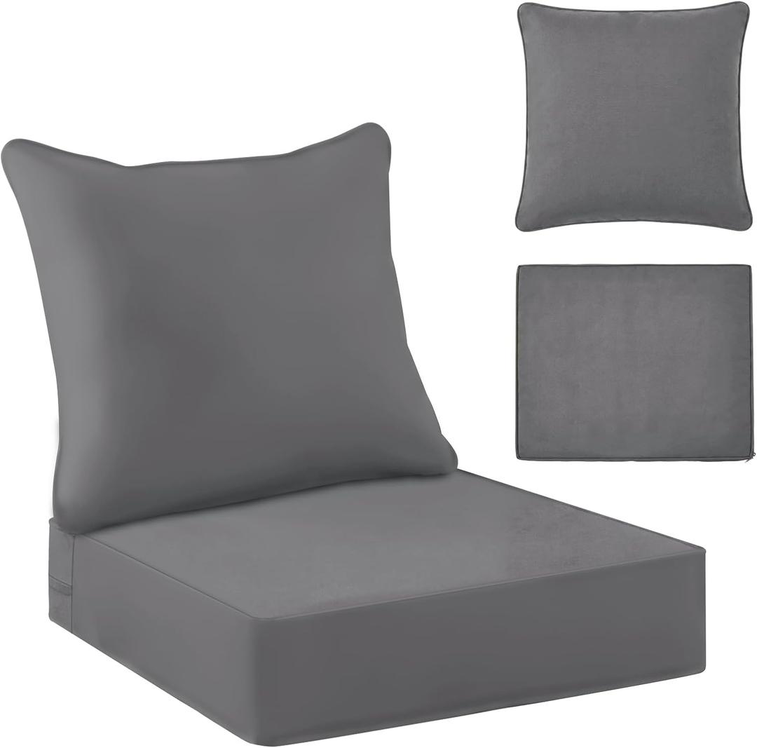 Tingjoo 1 Set 24x24x4 Inch Outdoor Chair Cushions Covers, Waterproof UV Resistant Patio Cushion Replacement Seat Slipcovers, and 24 x 20 Back Covers with Zipper for Furniture, Deep Seat Sofa (Gray)