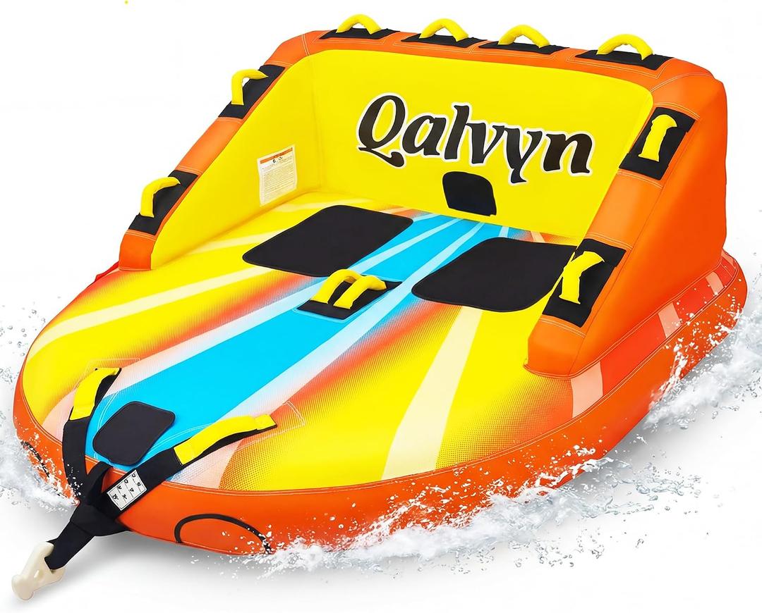 Qalvyn 1-2 Person Inflatable Towable Tubes for Boating – Heavy-Duty Nylon Cover, EVA Foam Pads, Dual Tow Points for Easy Pulling, Patented Speed Valve for Quick Setup