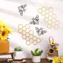 Peryiter 5 Pcs Metal Bee Wall Art Farmhouse Honey Bee Honey Comb Decor Wire Metal Wall Decor Hanging for Living Room Garden Bedroom Office Home (Black, Gold)