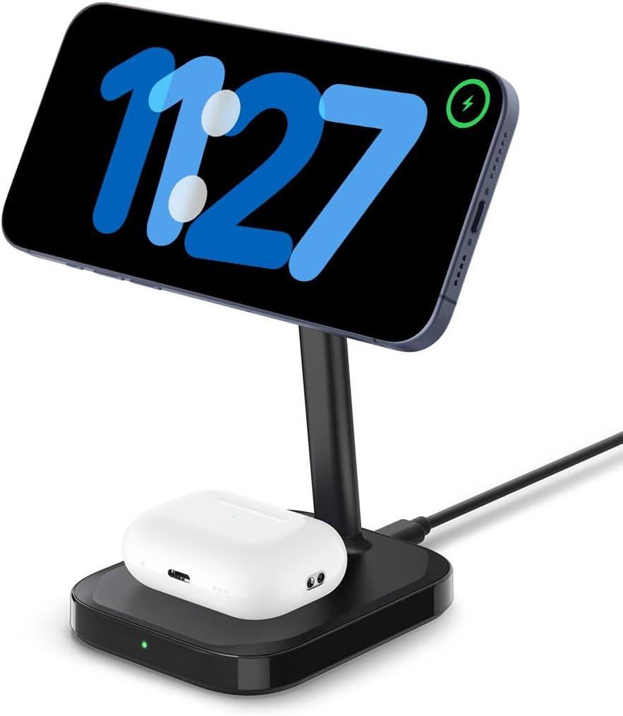 Spigen ArcField (MagFit) for MagSafe 2-in-1 Dual Magnetic Wireless Charging Stand Fast Wireless Charger for iPhone 16e 16 Pro Max Plus 15 14 13 12 Pro Max Airpods Pro 4 3 2nd gen Adapter Not Included