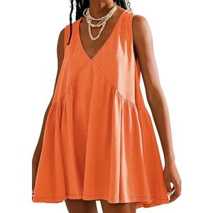 Sleeveless Mini Dress for Women 2026 Summer Casual V Neck Sundress Loose Babydoll Dress with Pockets, XS