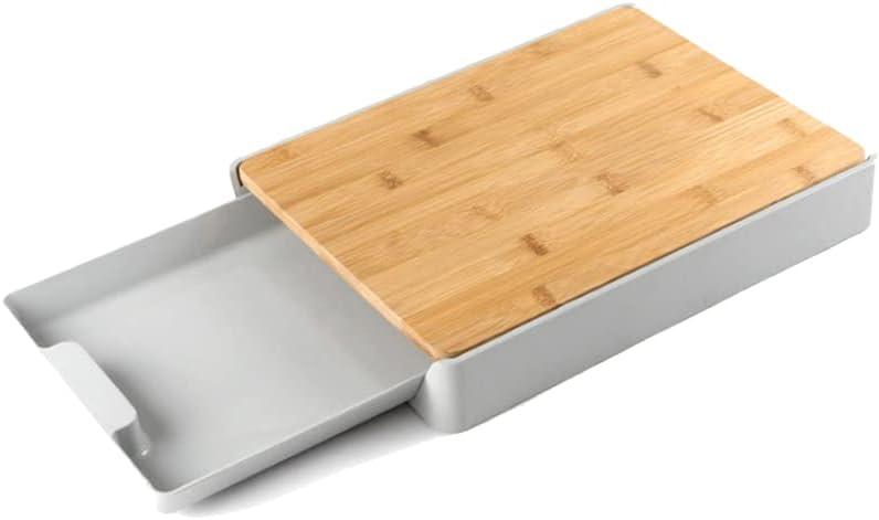 Cutting Board with Base Tray,Kitchen Bamboo Platter Great Gift for Mothers Day,Multi-Function Pull-Out Cutting Board,Anti-Skid And Hangable (Gray)