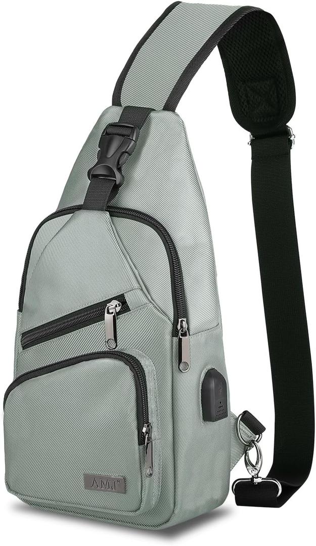 AMJ Crossbody Sling Bag Men Women, Casual Shoulder Backpack, Chest Daypack Satchel for Hiking Travel (Small, White Gray)