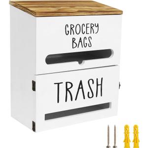 2 in 1 Trash Bag Dispenser, Double Wall Mounted,Wood Trash Bag Holder, used in kitchen, garage, laundry room, can store Environmentally friendly food bags and garbage bags (White)
