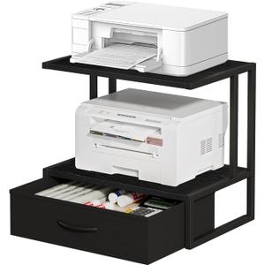 Printer Stand with Storage for Desk, with Fabric Drawer Desktop Printer Stand Shelf Organzier for Home Office, for Above and Under Desk Printer Table, Fax Machine Copier Scanner, Black (Double Rods)