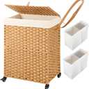 Greenstell Laundry Hamper with Wheels, No Install Needed, 90L Divided Handwoven Hampers & 2 Removable Liner Bags, Synthetic Rattan Clothes Laundry Basket with Lid & Handles, Foldable Hampers Natural (90L: 18.3x13.5x26.4 Inches)