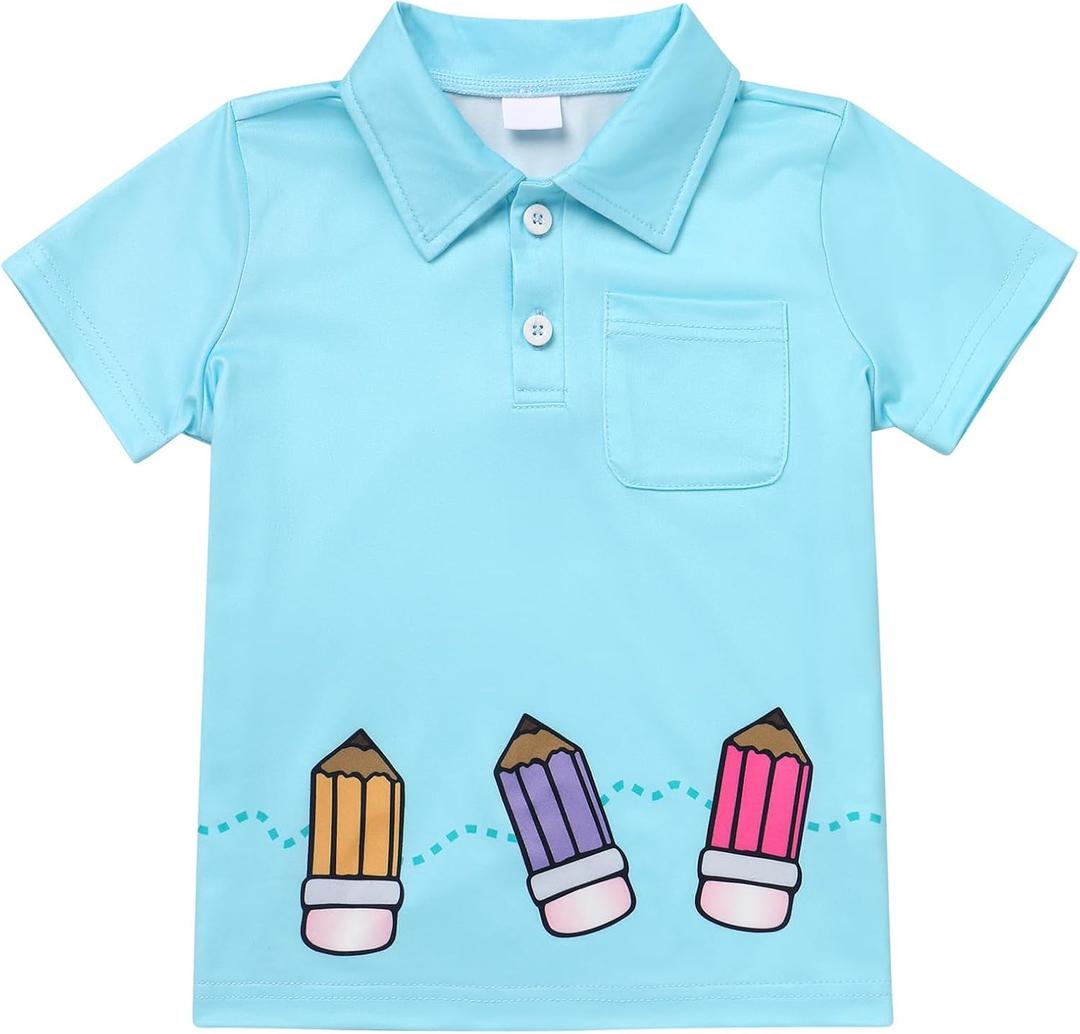 ODASDO Boys Back to School T-Shirt Tops Apple Pencil Printed Causal Button Up Short Sleeve Tee Shirts Summer Outfit (5-6 Years)