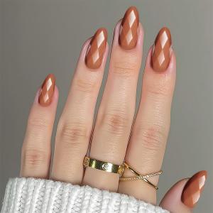 4 x Medium Almond Press on Nails Brown Fake Nails Glossy False Nails with Solid Color Designs 3D Rhombus Glue on Nail Natural Full Cover Acrylic Artificial Stick on Nail for Women Girls 24Pcs