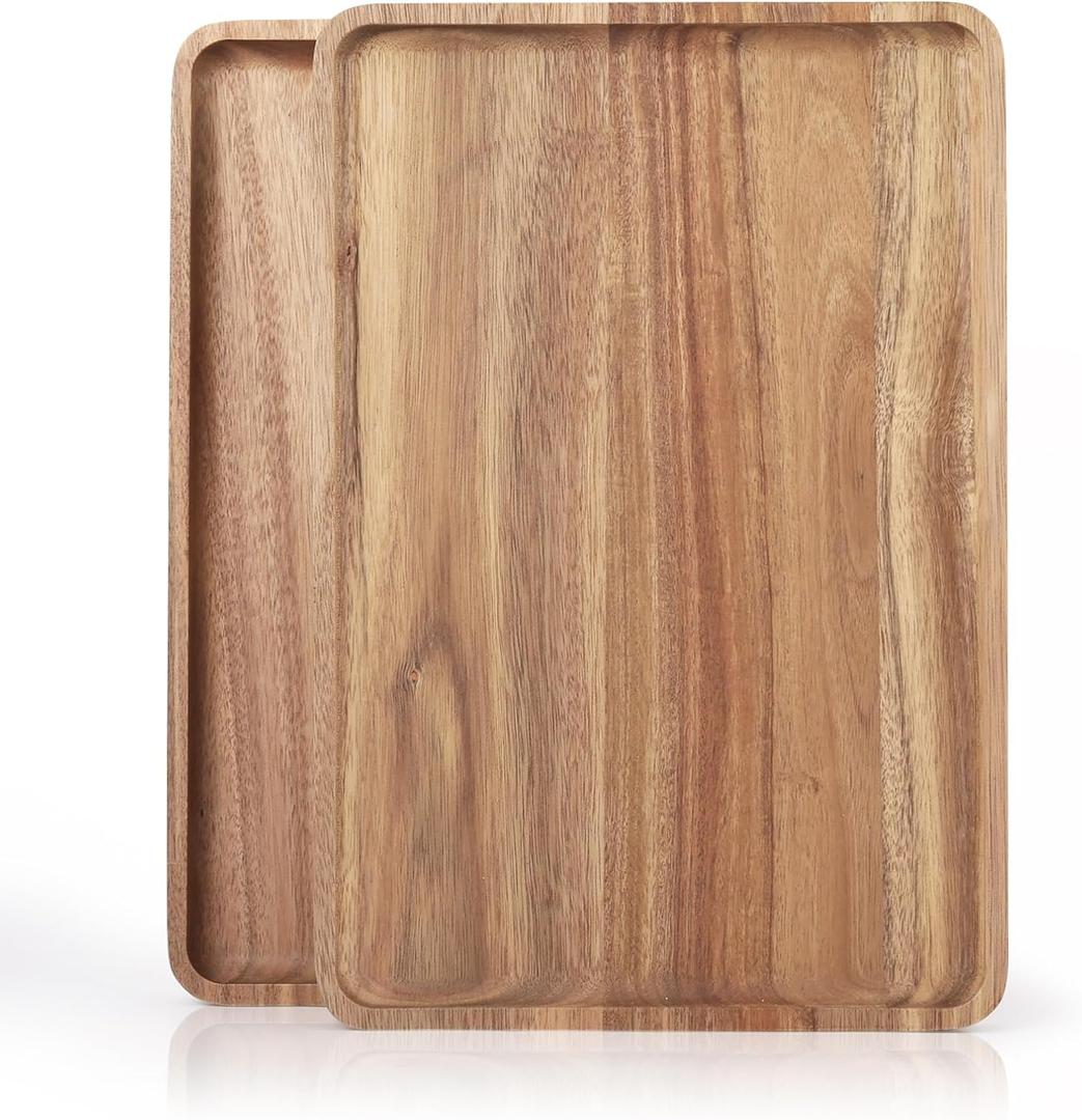 2 PCS Solid Acacia Wood Serving Trays 13 * 9 inch Rectangular Wooden Serving Platters Natural Wooden Boards for Bar Coffee PartyWood Log Color