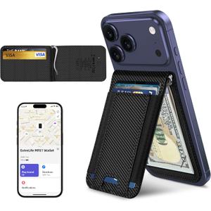 ExtreLife MagSafe Wallet with Money Clip, Work with Apple Find My, Magnetic Phone Wallet Stand for iPhone 17/16/15/14/13/12 Series, 8 Card Holder, RFID Blocking, Rechargeable, Carbon Fiber Black