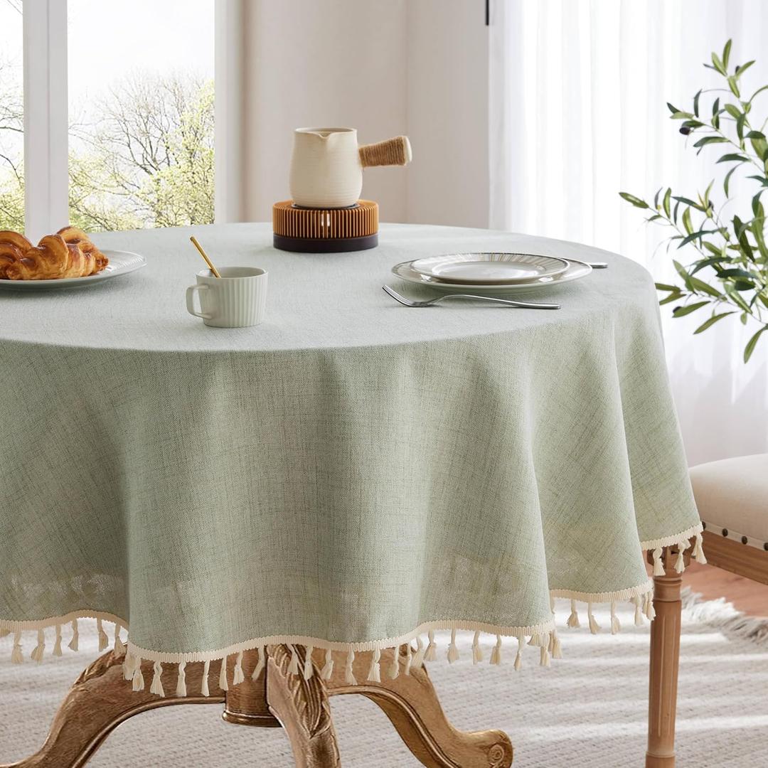 Linen Tablecloth with Tassels, Farmhouse Style Green Tablecloth, Water Resistant Burlap Tablecloths for Round Table, 60 Inch Round Green