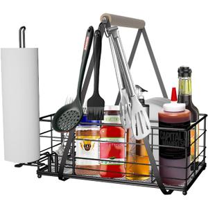 Picnic Caddy BBQ Utensil Caddy for Outdoor Grill Camping for Plate Cutlery CompartmentStorage with 3 Hooks Kitchenn Barbecue Accessories RV Patio Tailgate EssentialsEasy Carry Grilling Gifts for Men