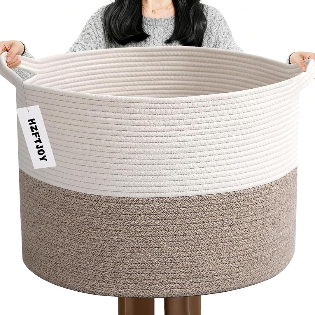 90L Extra Large Blanket Basket,Woven Rope Laundry Basket Hamper with Handles, Decorative Nursery Basket Storage Bin for Toys, Clothes Organizer, Living Room, Bedroom, Bathroom, White & Brown
