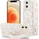 Fiyart Designed for iPhone 12 Case Cute Flowers with Strap Soft TPU Phone Cover Protective Camera Lens Protection for Women Men Floral Bumper with Stand 6.1"-White
