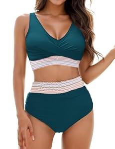 Vemubapis Womens High Waisted Bikini Set Tummy Control Color Block Bathing Suits Twist Front Two Piece Swimsuits Peacock, Large