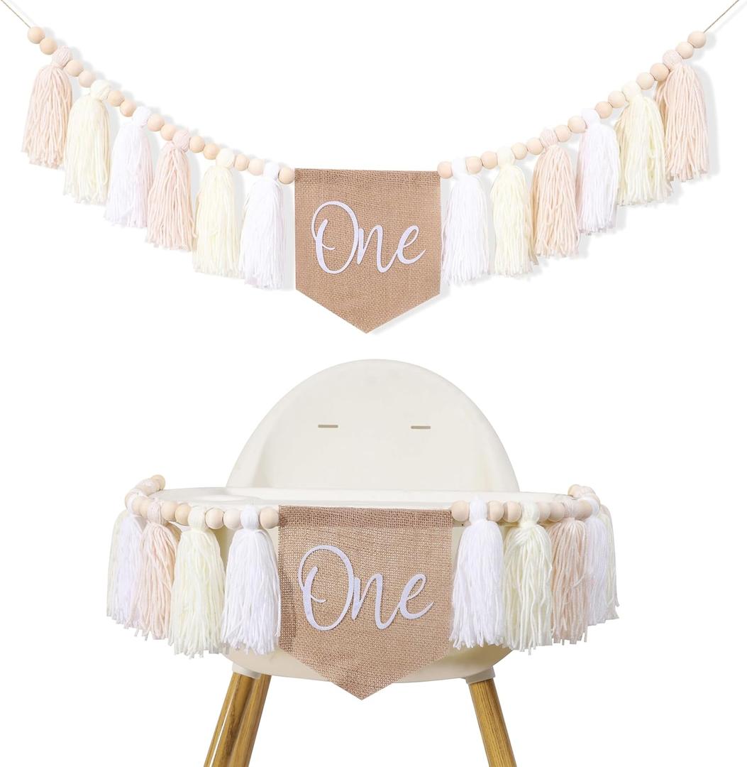 1st Birthday High Chair Tassel Banner - Girls First Birthday Party Decorations,One Tassel Garland For Girls Birthday,Baby Smash Cake Party Decor,Tassel Highchair Banner Photo Backdrop (White)
