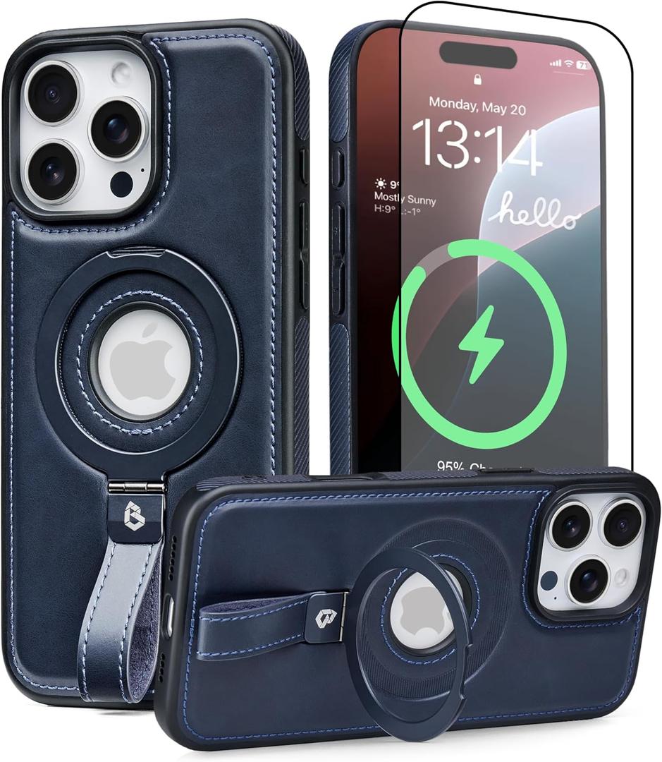 for iPhone 15 Pro Case Leather | iPhone 15 Pro Leather Case with Stand | Compatible with MagSafe with Magnetic Ring Grip Holder (Blue, IP 15 Pro-6.1inch)