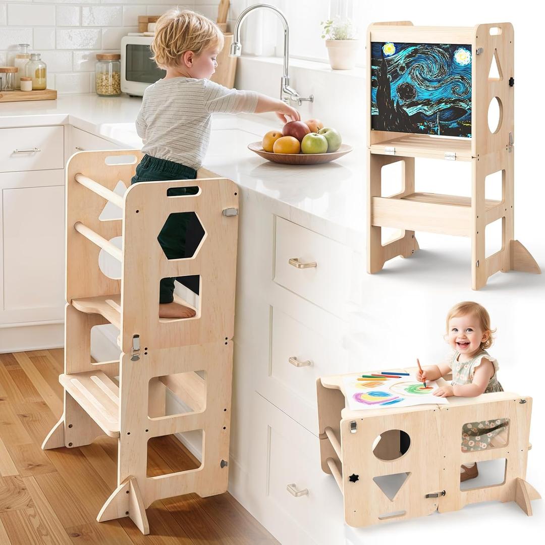 4-in-1 Toddler Kitchen Step Stool, Foldable Learning Standing Tower with Blackboard, Wooden Kitchen Stool Helper for Kids, 1-3 Year Old Boy Girl Gifts 4-in-1 Toddler Kitchen Step Stool, Foldable Learning Standing Tower with Blackboard, Wooden Kitchen Stool Helper for Kids, 1-3 Year Old Boy Girl Gifts