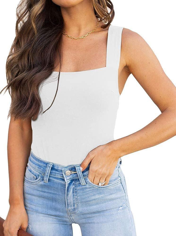 REORIA Butsmooth Womens Basic Sexy Square Neck Sleeveless Tank Tops Bodysuits Clubwear (White)