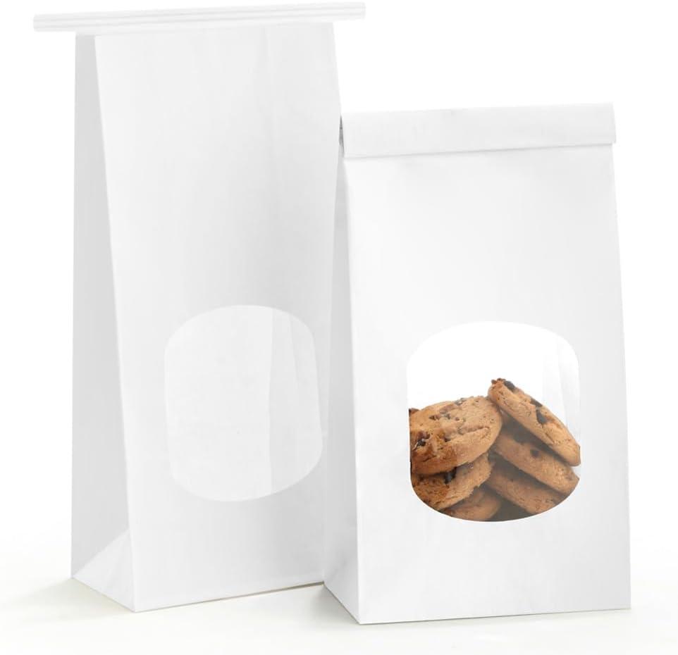 BagDream Bakery Bags with Window 100Pcs 4.5x2.36x9.6 Inches White Kraft Paper Bags with Window, Tin Tie Tab Lock, for Bakrery, Cookie, Coffee Bean, Snack, 100 Count