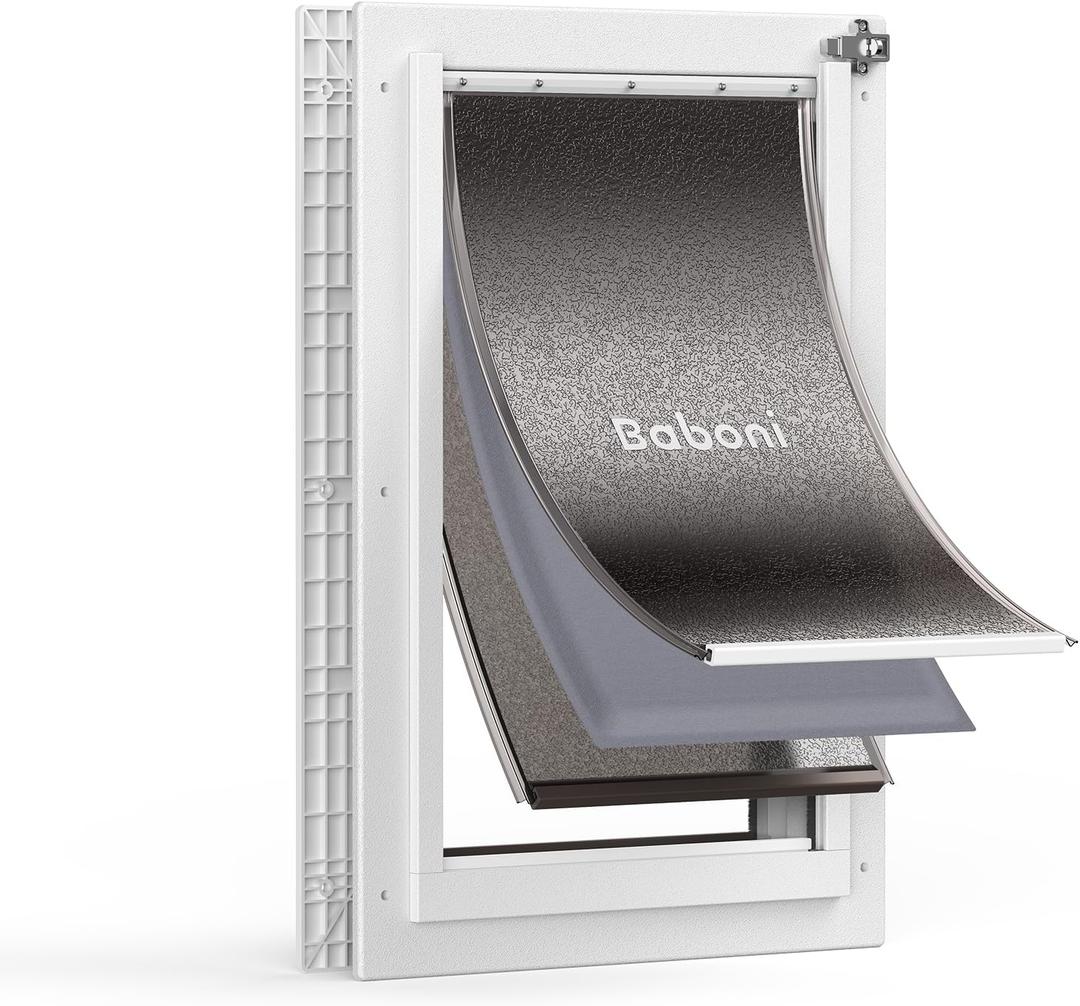 Baboni 3-Flaps Pet Door for Interior and Exterior Doors, Durable Plastic Frame and Telescoping Tunnel, Aluminum Lock/Metal Panel, Strong Magnetic Flaps, Never Rust Dog Door (Pets Up to 100 Lb) -Large