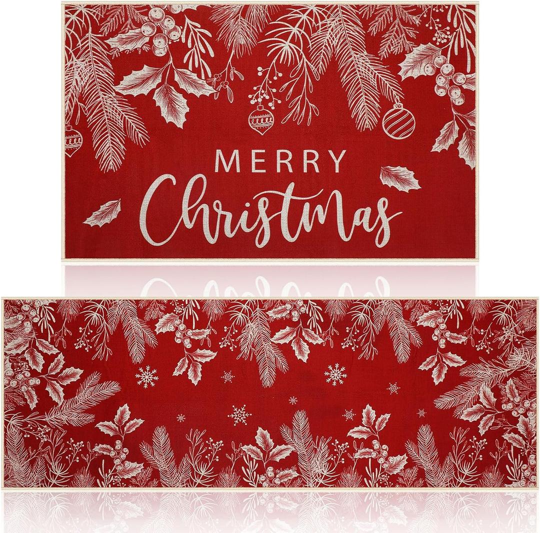 Tinideya 2 Pcs Holly Pine Branches Merry Christmas Kitchen Mats Set - Washable Non Slip Christmas Rug Winter Doormat for Xmas Home Floor Decorations (Red)