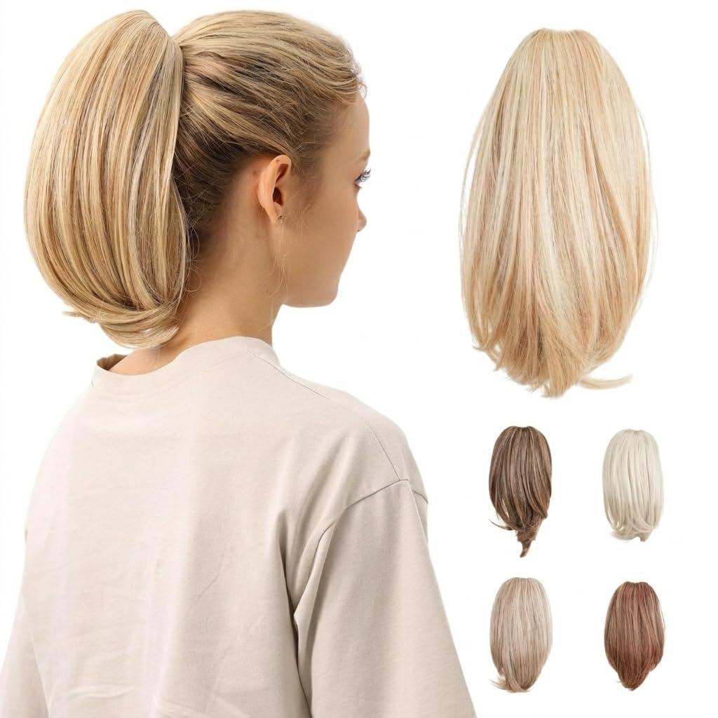 JUVABUN 10" Straight Claw Clip In Ponytail Hair Extensions - Medium Blonde| Synthetic Ponytail Extension | Hair Extensions for Women & Men | Washable, Realistic And Synthetic |Medium Blonde