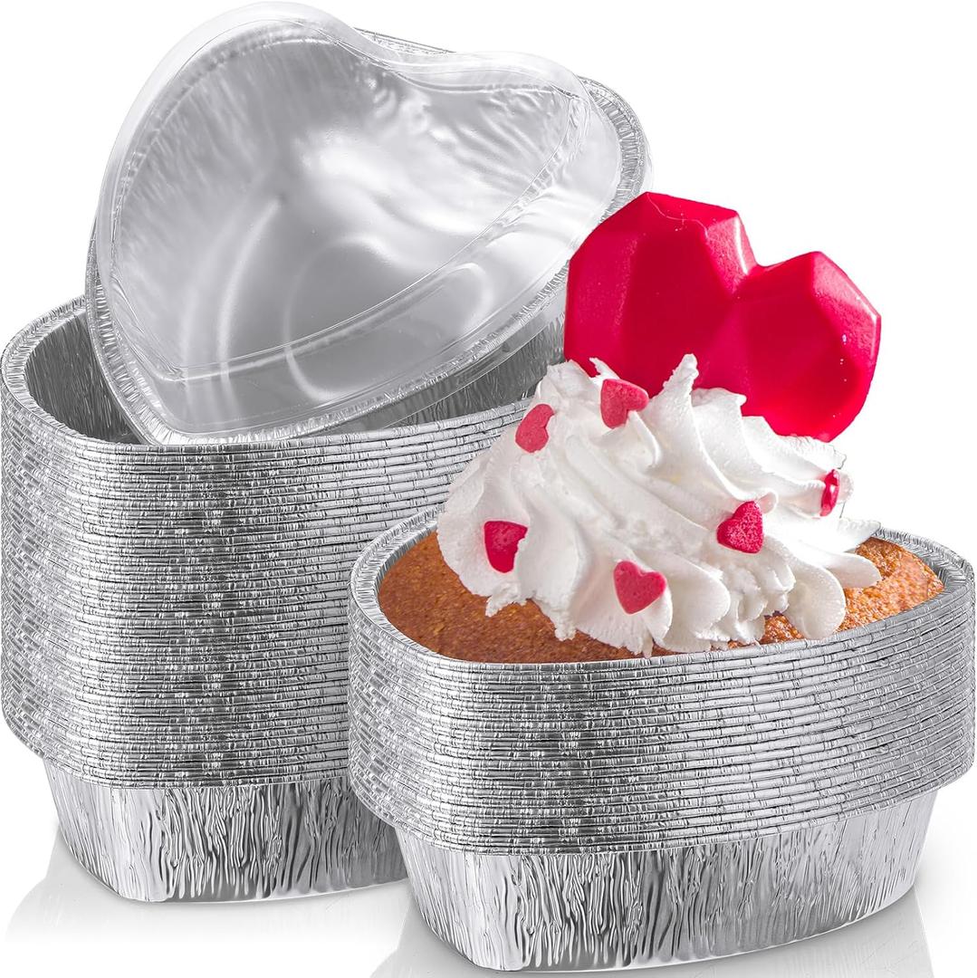 Hushee 36 Pcs 27 oz Valentine's Day Heart Shaped Cake Pan with Lid 7.4 Inch Aluminum Foil Disposable Cupcake Baking Pan Heart Food Packing Muffin Tin Liner Pudding Cooking Cup for Mother's Day