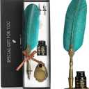 VANGOAL Vintage Green Feather Pen and Ink Set, Classic Series Goose Quill Pen with Carving Pen Stand, Calligraphy Pen Nibs, Black Dip Pen Ink, Antique Writing Gift for Writer
