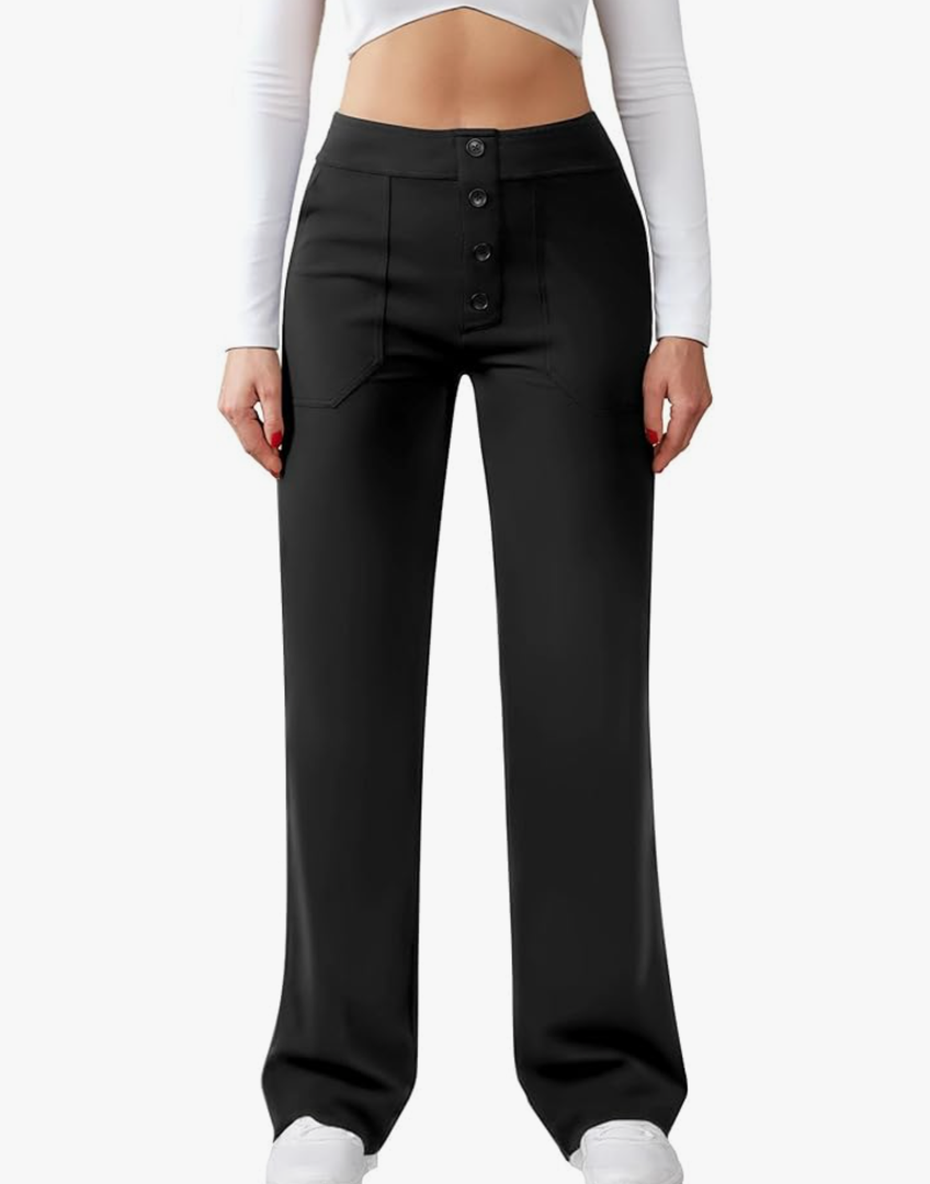 Womens Casual High Waist Straight Leg Pants Stretchy Button Business Dress Work Pocket Trousers, Size XL