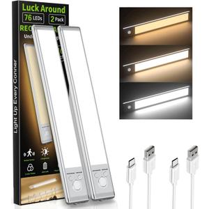 Under Cabinet Lighting, 2 Pack Motion Sensor Light Indoor, 88 LED USB Rechargeable Battery Operated, 3 Levels Dimmable Magnetic Closet Lights, Wireless Under Counter Lights for Kitchen Stairs Hallway
