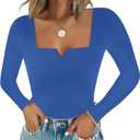 Chunpin Women's Square Neck Notch V Neck Long Sleeve Bodysuit Tops Double Lined Thong Bodysuit (Medium)