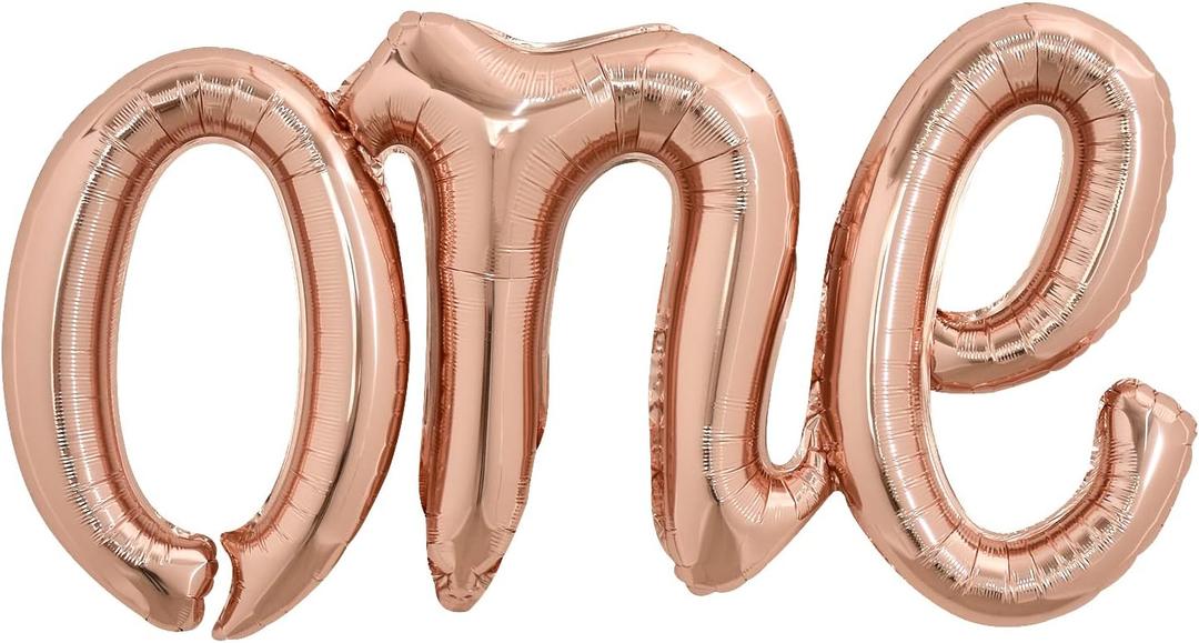 7 x TONIFUL Rose Gold One Balloons Banner, 42*16 Inch Mylar Foil Script,Cursive Letter ONE Sign Banner Balloon Bunting Reusable Ecofriendly Material for Boys Girls Kids First Birthday One Year Old Party