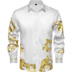 Mens Luxury Brand Print Silk Satin Design Button Down Dress Shirt (White, XL)