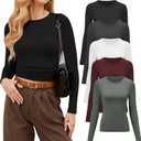 CE' CERDR 3 Pack Womens Long Sleeve Shirts Crew Neck Basic Tees Tight Fitted Casual Going Out Stretchy Slim Tops (X-Large, 3 Pack White, Dark Red, Dark Grey)