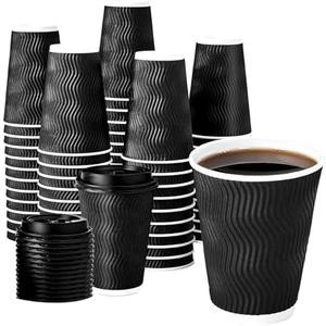 peibobow 12 oz Coffee Cups with Lids, 60 Pack Insulated Corrugated Paper Cups, Disposable Coffee Cups for Water, Juice, Coffee (Black 12 oz)