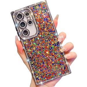 Trendy Girly Glitter Powder Compatible with Sumsung Galaxy Rectangle Case, Elegent Cute Slim Women Bling Diamond Rhinestones Plating Phone Cases(Black,S24 Ultra)