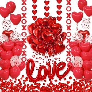 2 x 114Pcs Red Valentines Day Decorations with I Love You Banner Foil Red Heart Love Balloons 1000Pcs Rose Petals Hanging Heart Garlands for Wedding Anniversary Decor Romantic Proposal Day Decorations