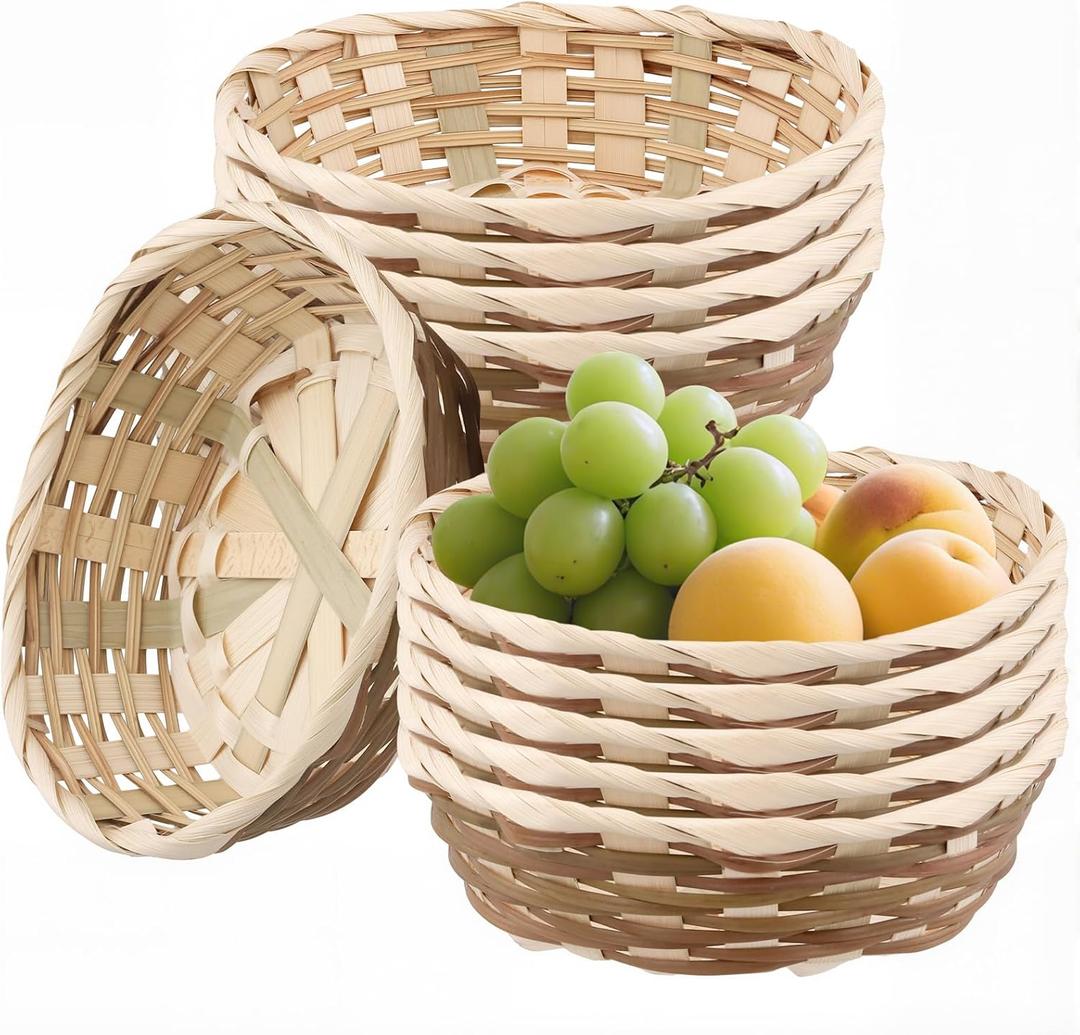 10 Pack Round Bamboo Gift Baskets, 7" Small Woven Bread & Fruit Basket for Kitchen Restaurant Display, Party Decor Serving Storage
