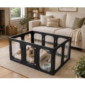Acrylic Dog Playpen, 8-Panel Clear Transparent Puppy Playpen for Small Dogs Indoor Outdoor, Easy Assembly Foldable Pet Exercise Pen with Locking Door (Black, 25.6 INCH, 10 Panels)