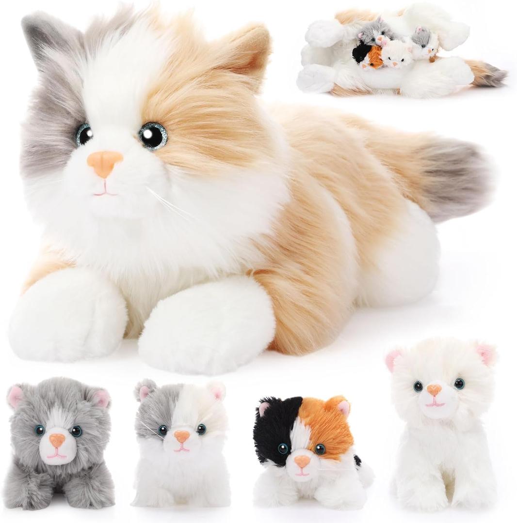 HyDren 5 Pcs Realistic Ragdoll Cat Stuffed Animal, 17.75 Inches Large Ragdoll Cat Mommy Plush with 4 Cute Babies Soft Plush Kittens Set for Girls Boys Birthday Party Favors (Grey,White,Brown)