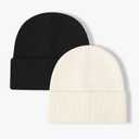 2 x ZOORON 1&2 Unisex Thick Knitted Beanie for Men Women Cuffed Plain Hat Winter Slouchy Ski Beanies (Black/Milk White)