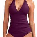 Yonique Womens Two Piece Swimsuits Tummy Control Tankini Plus Size Bathing Suit Halter V Neck Swimwear,XL, Purple
