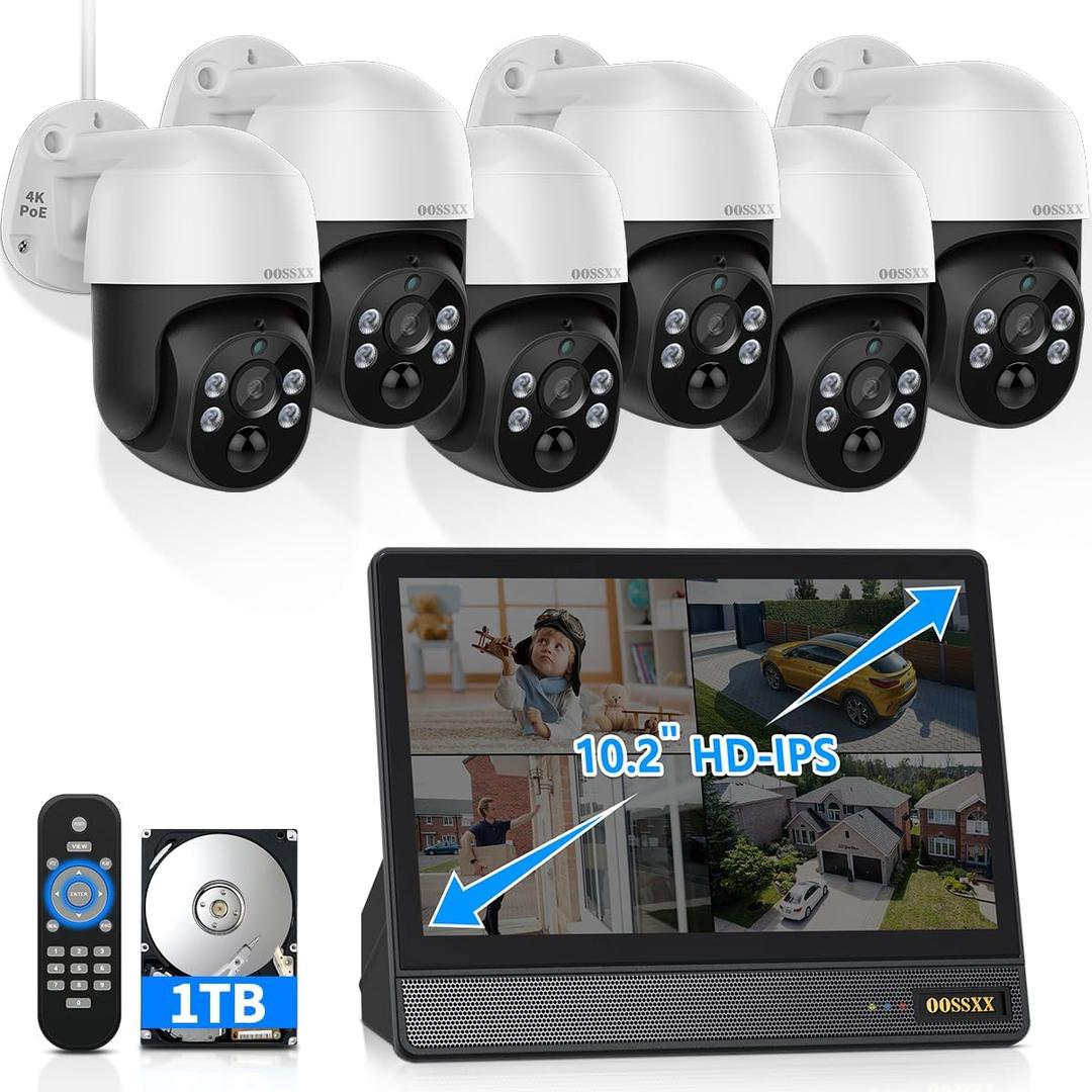 (2026 New) 4K PoE PTZ Security Camera System with 10'' Monitor, 8CH NVR, 6 Wired Outdoor Cameras, Pan Tilt Auto Tracking, AI Human Detection, Free App, No Monthly Fee, IP65