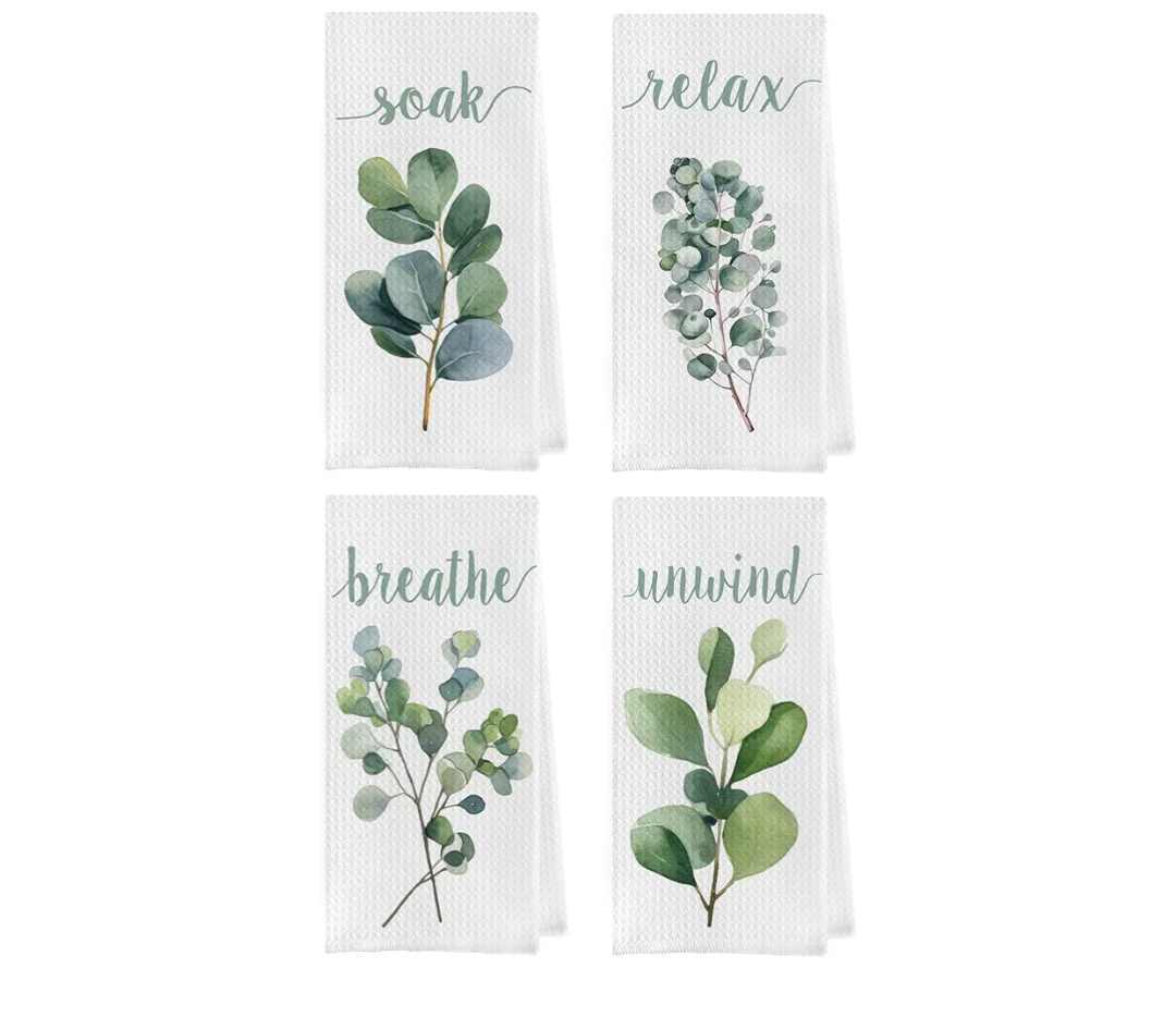 Geqtt Botanical Plant Dish Towels Set - Boho Eucalyptus Waffle Weave Kitchen Towels, Relax Soak Unwind Breathe Hand Towel Decorative for Bathroom, Gifts for Plant Lovers (16×24 Inches Set of 4)