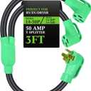 Kanayu 50Amp 14-50 Y Splitter Adapter Cord ETL Listed 14-50P Male to 2X 14-50R Female 4 Prong 250V Splitter for RV and EV Heavy Duty 6/3+8/1 STW AWG RV Generator Outdoor Extension Cord, 3 Ft(Green)