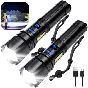 Rechargeable Flashlights High Lumens, Led Flashlight 99,000 Lumens Bright Flash Light with 7 Modes, Flashlights for Camping, Home, IPX7 Waterproof (2 Pack) (Black)